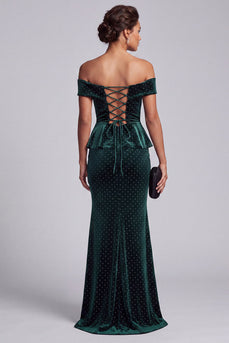 Mermaid Dark Green Velvet Ruffled Long Evening Dress