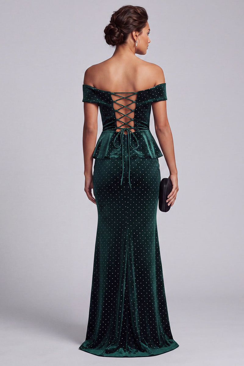 Load image into Gallery viewer, Mermaid Dark Green Velvet Ruffled Long Evening Dress