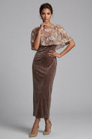 Load image into Gallery viewer, Velvet Chocolate Sparkly Sheath Sequin Long Evening Dress with Cape