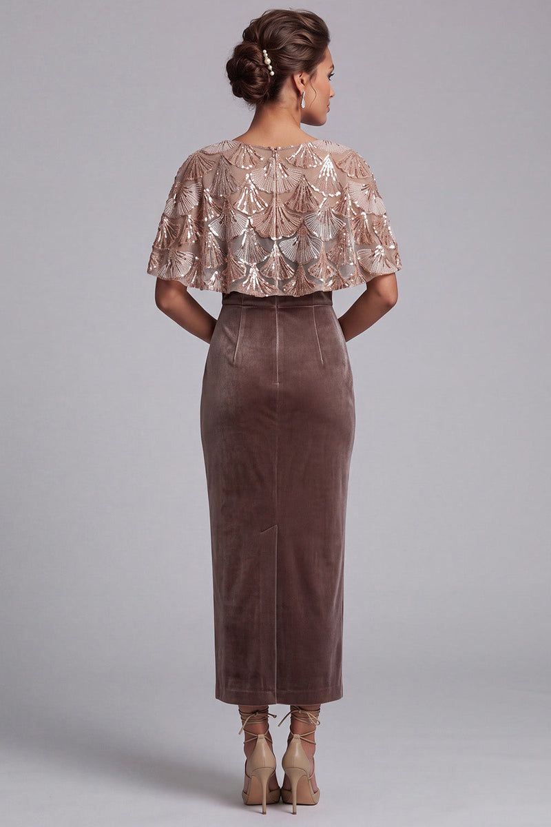 Load image into Gallery viewer, Velvet Chocolate Sparkly Sheath Sequin Long Evening Dress with Cape