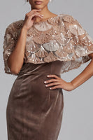Load image into Gallery viewer, Velvet Chocolate Sparkly Sheath Sequin Long Evening Dress with Cape