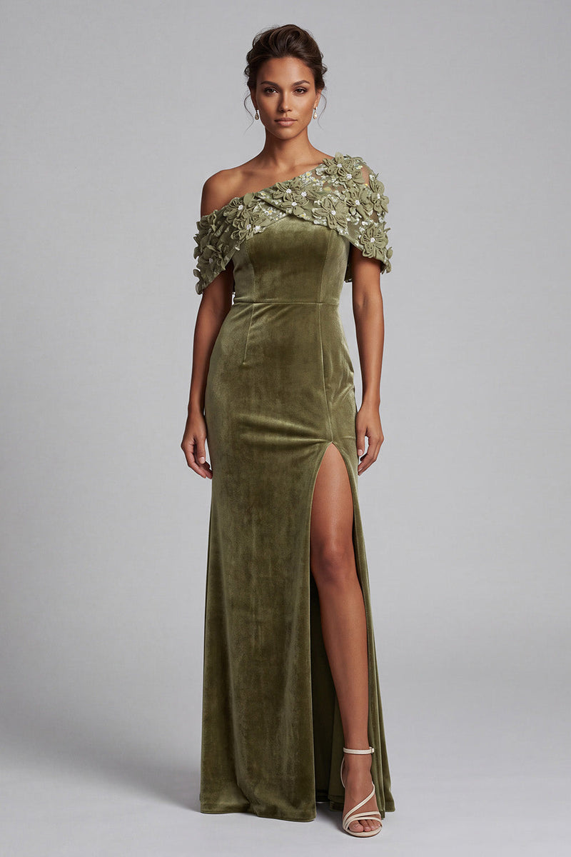 Load image into Gallery viewer, Velvet Olive Sparkly Sheath Floral Long Evening Dress with Beading