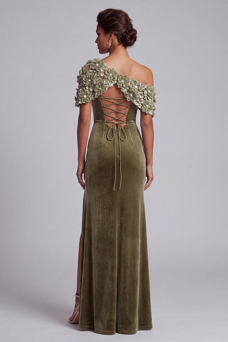 Load image into Gallery viewer, Velvet Olive Sparkly Sheath Floral Long Evening Dress with Beading