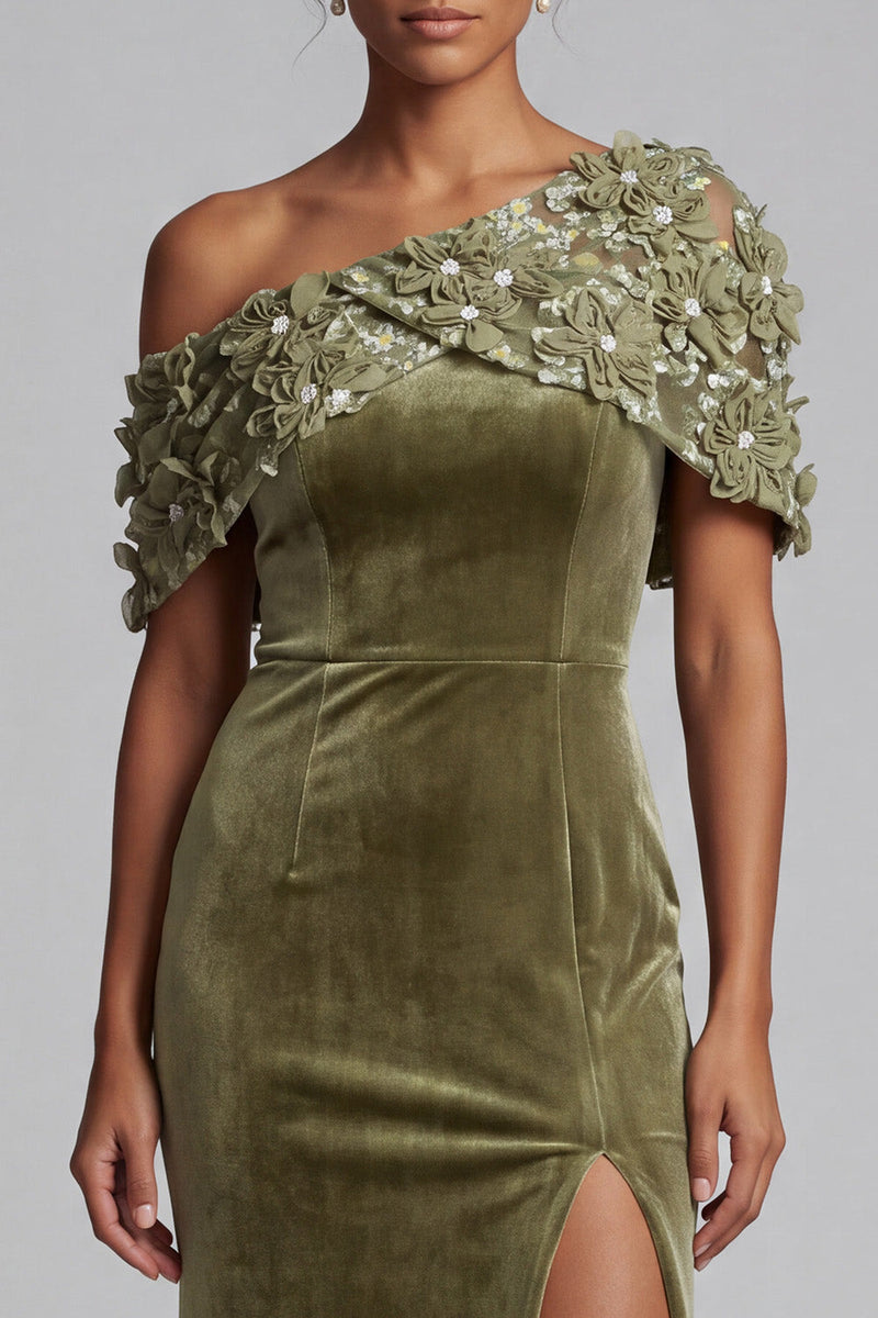 Load image into Gallery viewer, Velvet Olive Sparkly Sheath Floral Long Evening Dress with Beading