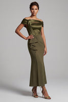 Load image into Gallery viewer, Mermaid Olive Satin Ruffled Ruched Long Evening Dress with Slit