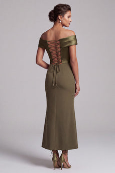 Mermaid Olive Satin Ruffled Ruched Long Evening Dress with Slit