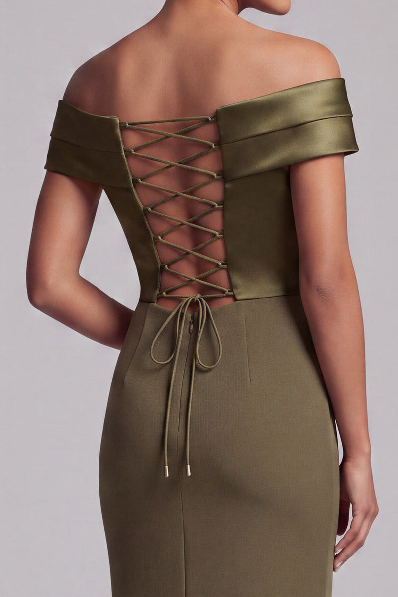 Load image into Gallery viewer, Mermaid Olive Satin Ruffled Ruched Long Evening Dress with Slit