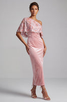 Load image into Gallery viewer, Velvet Pink Sparkly Sheath Floral One Shoulder Long Evening Dress with Sequins