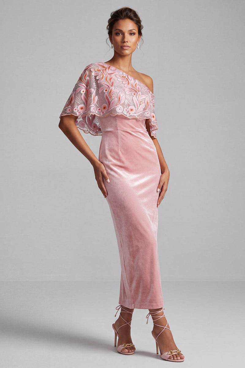 Load image into Gallery viewer, Velvet Pink Sparkly Sheath Floral One Shoulder Long Evening Dress with Sequins