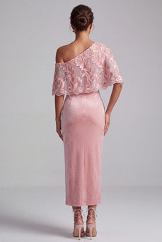 Velvet Pink Sparkly Sheath Floral One Shoulder Long Evening Dress with Sequins