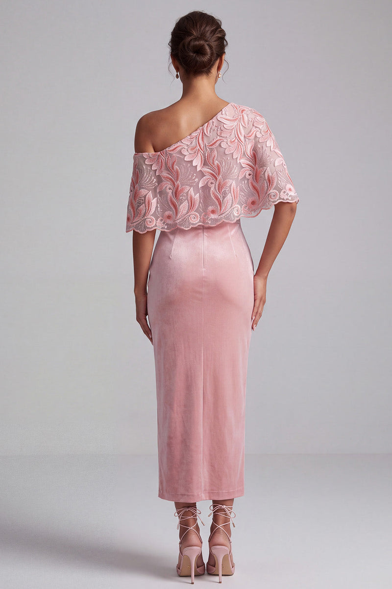 Load image into Gallery viewer, Velvet Pink Sparkly Sheath Floral One Shoulder Long Evening Dress with Sequins