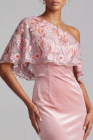 Load image into Gallery viewer, Velvet Pink Sparkly Sheath Floral One Shoulder Long Evening Dress with Sequins