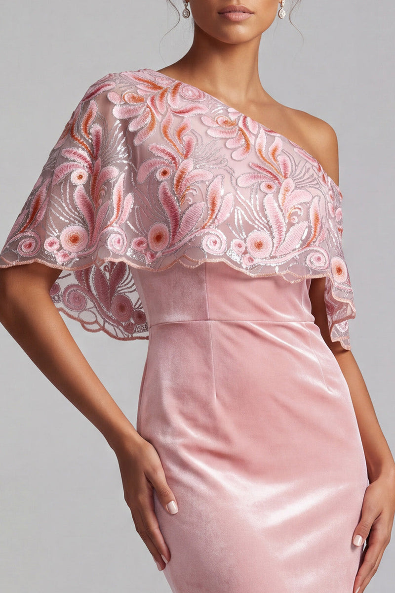 Load image into Gallery viewer, Velvet Pink Sparkly Sheath Floral One Shoulder Long Evening Dress with Sequins