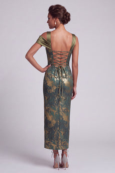 Olive Sheath Ruffled Ruched Long Evening Dress with Slit
