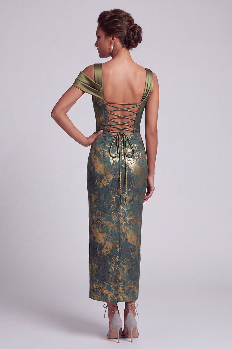 Load image into Gallery viewer, Olive Sheath Ruffled Ruched Long Evening Dress with Slit