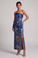 Load image into Gallery viewer, Sheath Dark Blue Ruffled Ruched Strapless Long Evening Dress with Slit