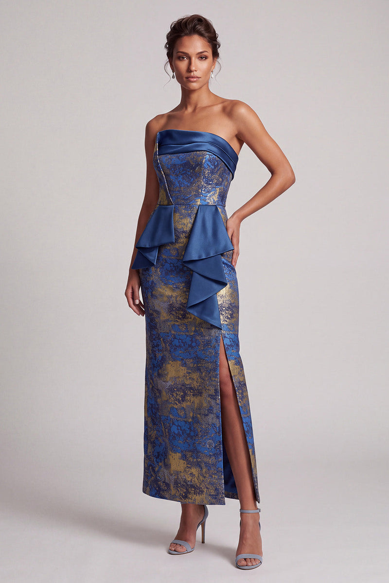 Load image into Gallery viewer, Sheath Dark Blue Ruffled Ruched Strapless Long Evening Dress with Slit