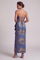 Load image into Gallery viewer, Sheath Dark Blue Ruffled Ruched Strapless Long Evening Dress with Slit
