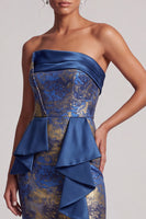 Load image into Gallery viewer, Sheath Dark Blue Ruffled Ruched Strapless Long Evening Dress with Slit