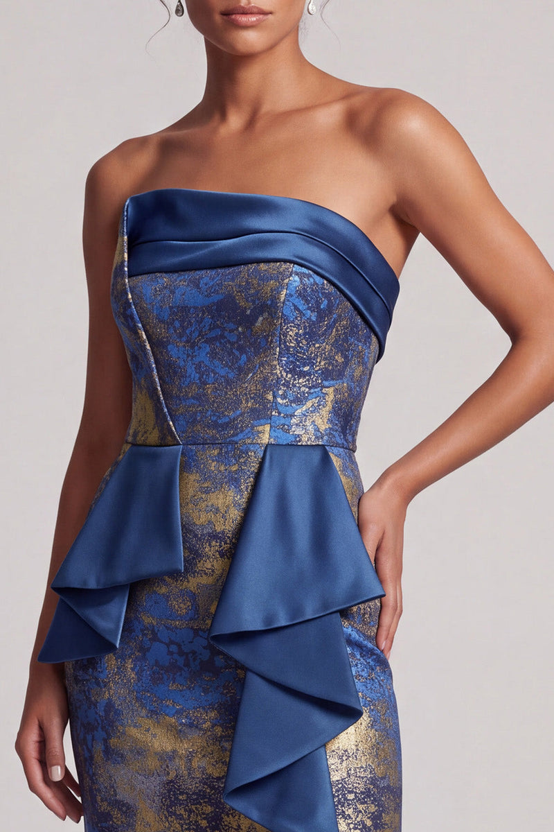 Load image into Gallery viewer, Sheath Dark Blue Ruffled Ruched Strapless Long Evening Dress with Slit
