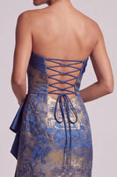 Load image into Gallery viewer, Sheath Dark Blue Ruffled Ruched Strapless Long Evening Dress with Slit