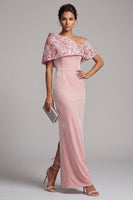 Load image into Gallery viewer, Sparkly Pink Sheath Floral Sequin Velvet Long Evening Dress with Cape