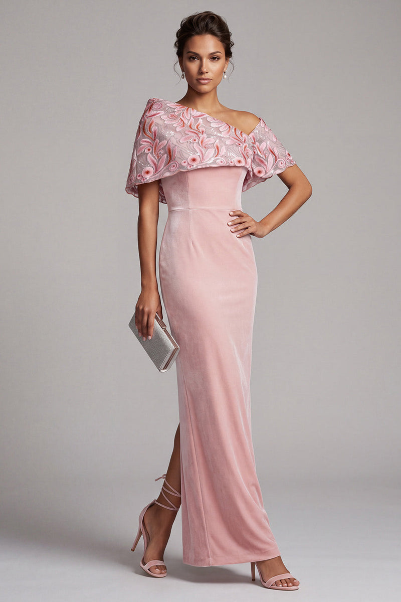 Load image into Gallery viewer, Sparkly Pink Sheath Floral Sequin Velvet Long Evening Dress with Cape