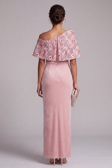 Sparkly Pink Sheath Floral Sequin Velvet Long Evening Dress with Cape