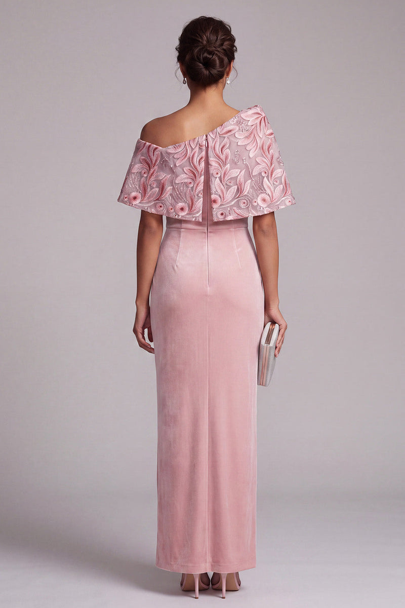 Load image into Gallery viewer, Sparkly Pink Sheath Floral Sequin Velvet Long Evening Dress with Cape
