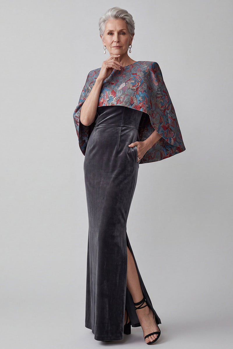 Load image into Gallery viewer, Dark Grey Velvet Mermaid Floral 2 Piece Long Mother of the Bride Dress with Cape