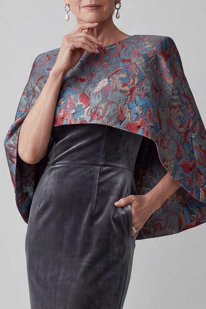 Load image into Gallery viewer, Dark Grey Velvet Mermaid Floral 2 Piece Long Mother of the Bride Dress with Cape