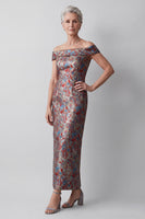Load image into Gallery viewer, Grey Floral Off the Shoulder Sheath Jacquard Long Mother of the Bride Dress with Slit