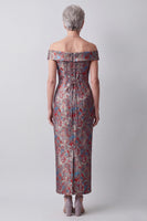 Load image into Gallery viewer, Grey Floral Off the Shoulder Sheath Jacquard Long Mother of the Bride Dress with Slit