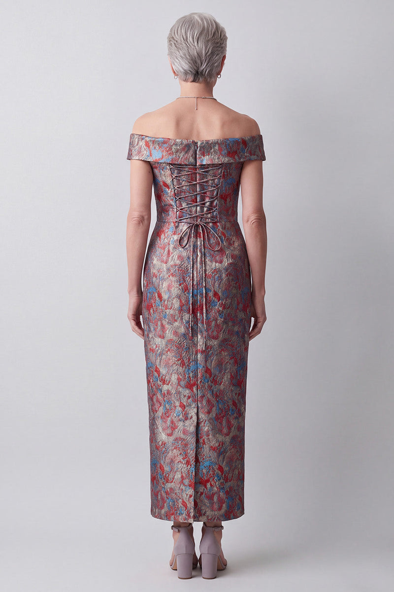 Load image into Gallery viewer, Grey Floral Off the Shoulder Sheath Jacquard Long Mother of the Bride Dress with Slit