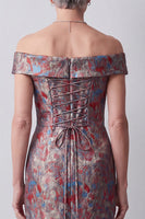 Load image into Gallery viewer, Grey Floral Off the Shoulder Sheath Jacquard Long Mother of the Bride Dress with Slit