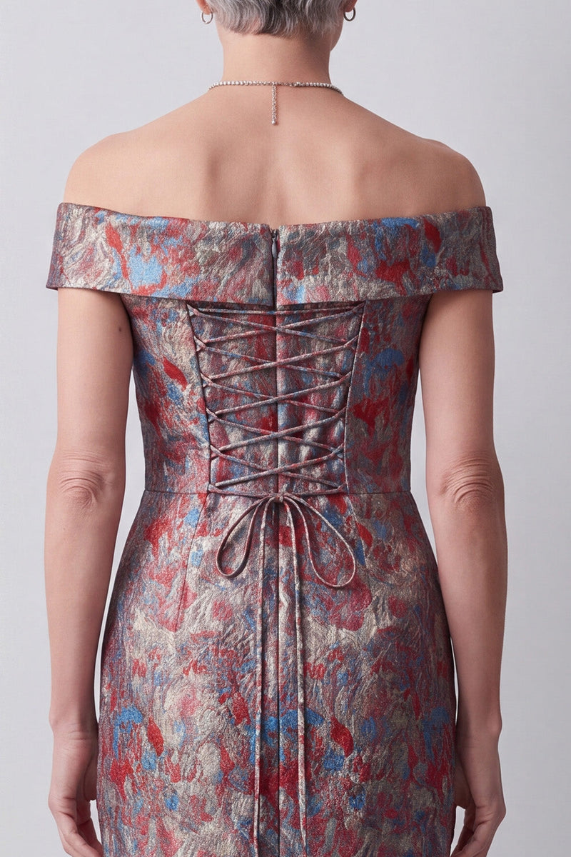 Load image into Gallery viewer, Grey Floral Off the Shoulder Sheath Jacquard Long Mother of the Bride Dress with Slit