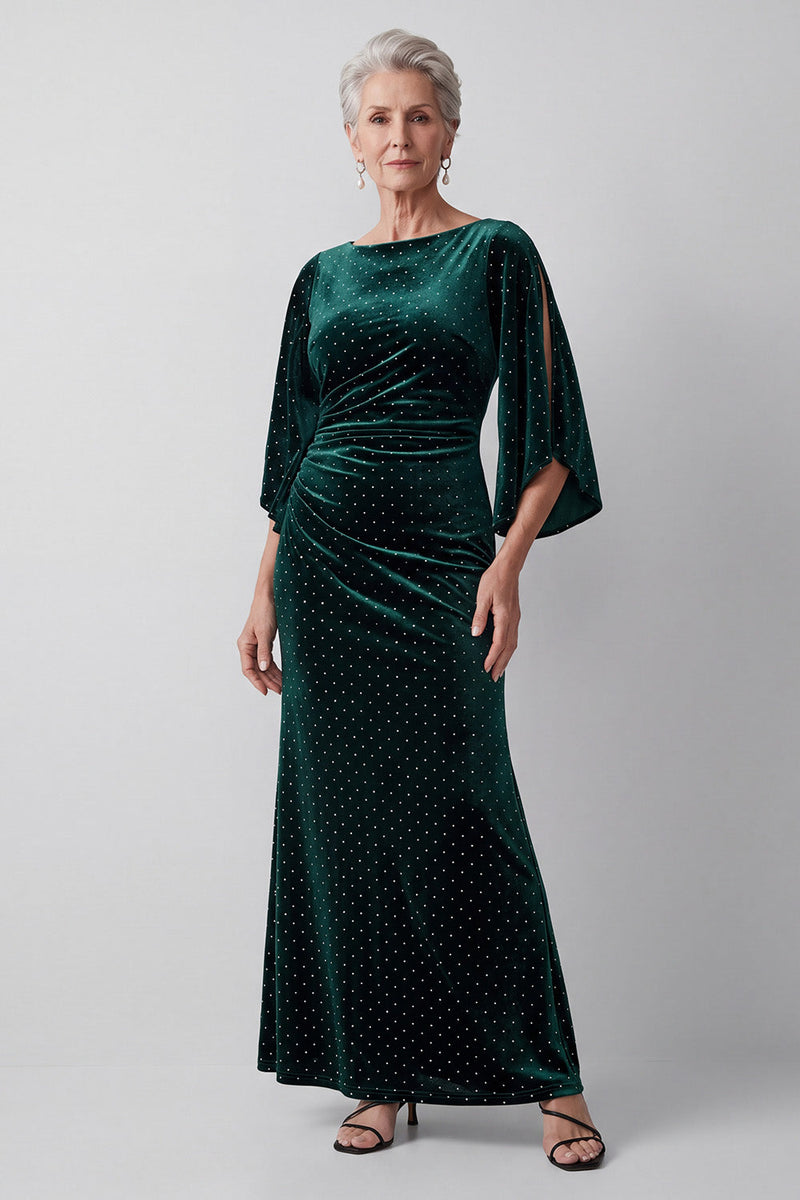 Load image into Gallery viewer, Dark Green A Line Boat Neck Ruched Long Velvet Mother of the Bride Dress with Sleeves