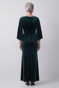 Dark Green A Line Boat Neck Ruched Long Velvet Mother of the Bride Dress with Sleeves