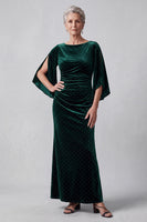 Load image into Gallery viewer, Dark Green A Line Boat Neck Ruched Long Velvet Mother of the Bride Dress with Sleeves