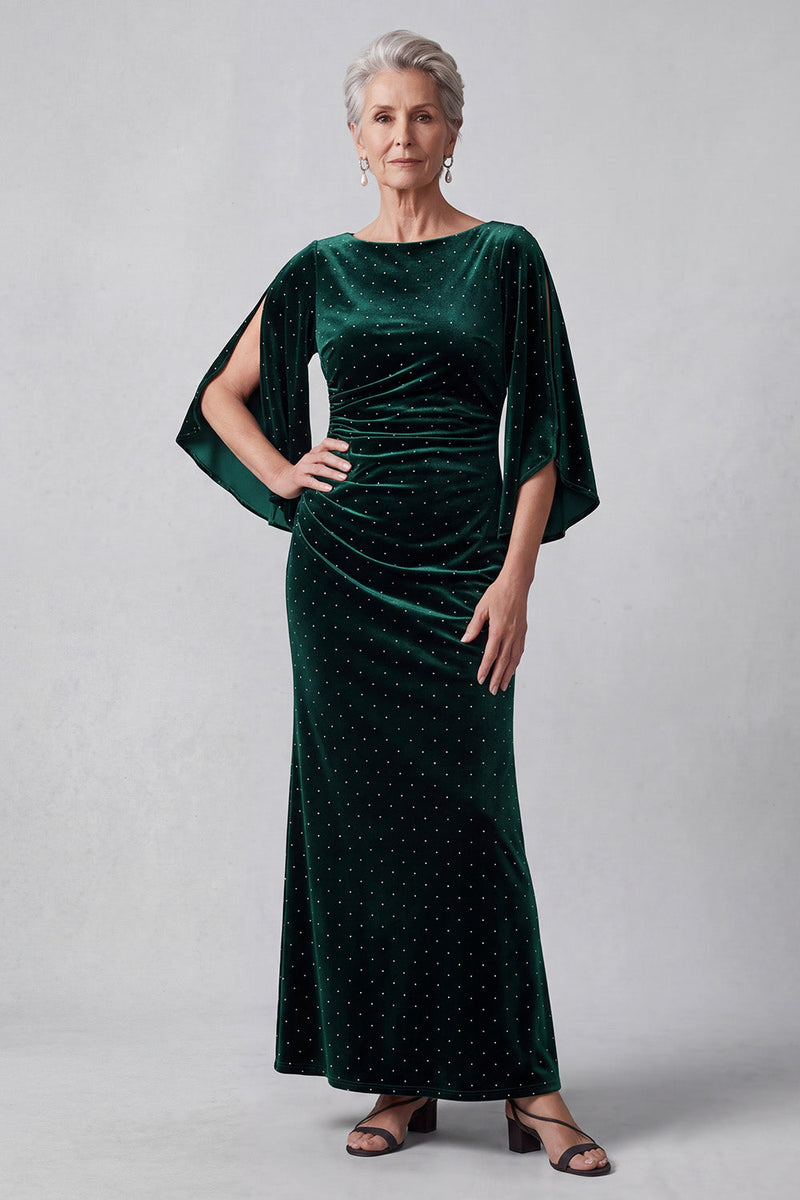 Load image into Gallery viewer, Dark Green A Line Boat Neck Ruched Long Velvet Mother of the Bride Dress with Sleeves