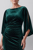 Load image into Gallery viewer, Dark Green A Line Boat Neck Ruched Long Velvet Mother of the Bride Dress with Sleeves