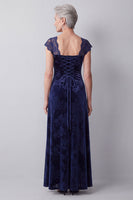 Load image into Gallery viewer, Velvet Navy Floral Sheath Long Mother of the Bride Dress with Sleeves