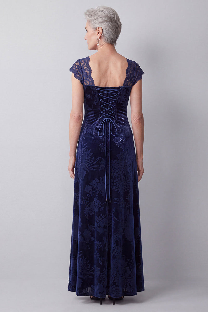 Load image into Gallery viewer, Velvet Navy Floral Sheath Long Mother of the Bride Dress with Sleeves