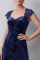 Load image into Gallery viewer, Velvet Navy Floral Sheath Long Mother of the Bride Dress with Sleeves