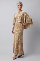 Load image into Gallery viewer, Floral Champagne Sheath Long Velvet Mother of the Bride Dress with Cape