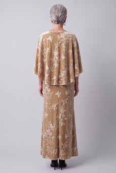 Floral Champagne Sheath Long Velvet Mother of the Bride Dress with Cape