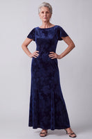 Load image into Gallery viewer, Navy Floral Sheath Boat Neck Long Velvet Mother of the Bride Dress with Sleeves