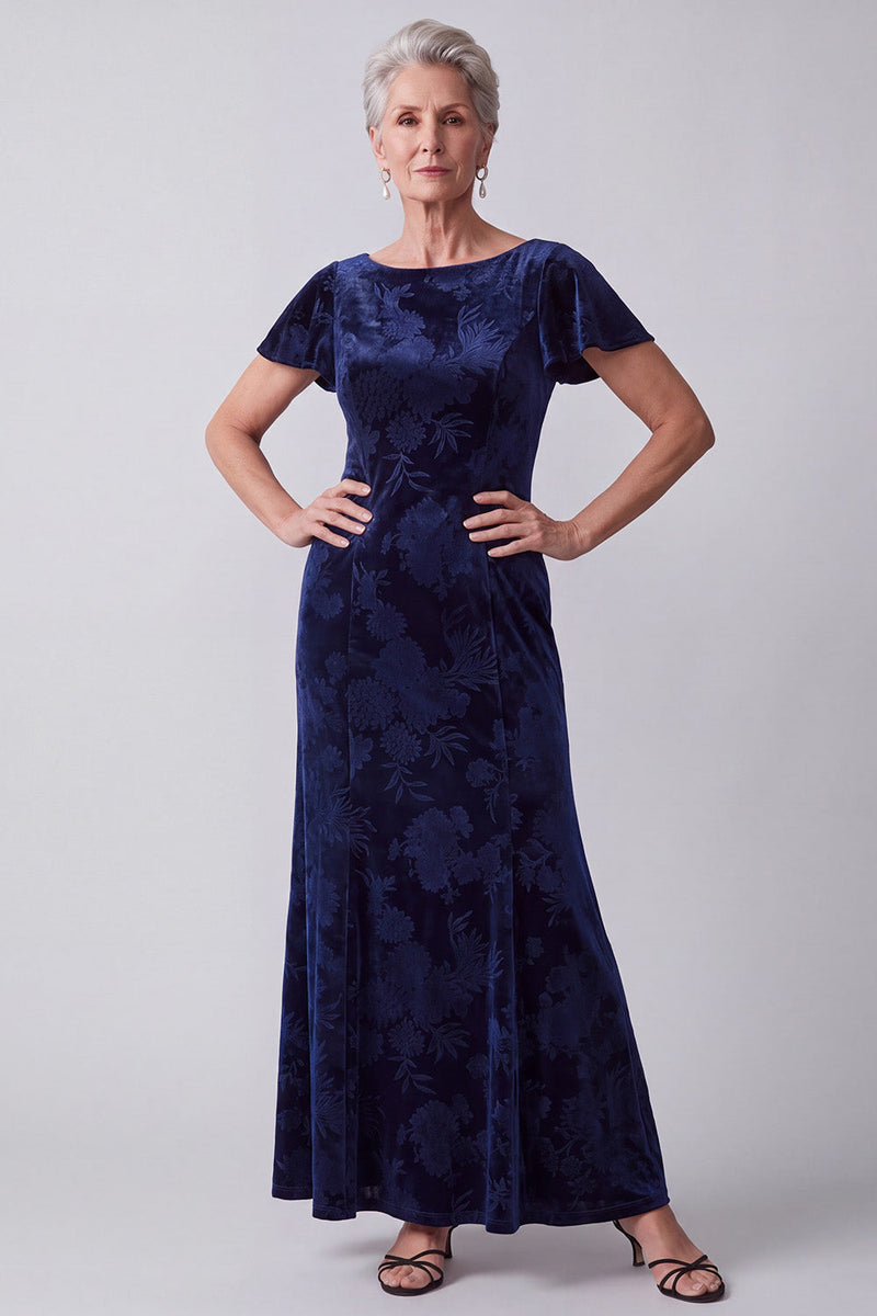 Load image into Gallery viewer, Navy Floral Sheath Boat Neck Long Velvet Mother of the Bride Dress with Sleeves