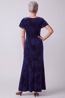 Navy Floral Sheath Boat Neck Long Velvet Mother of the Bride Dress with Sleeves