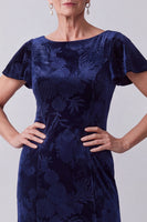 Load image into Gallery viewer, Navy Floral Sheath Boat Neck Long Velvet Mother of the Bride Dress with Sleeves